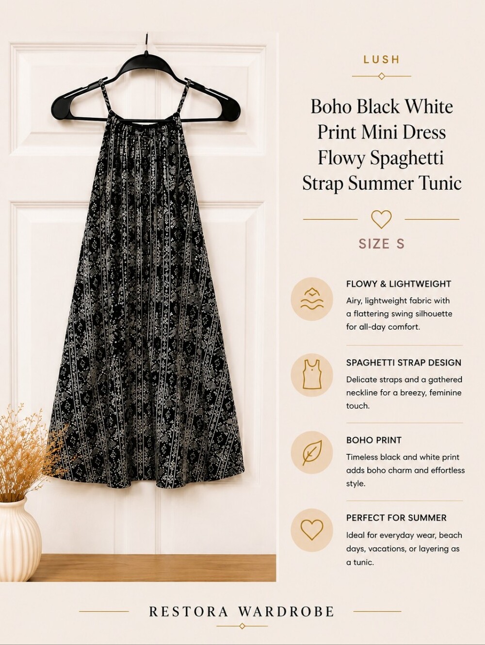 Lush Black White Boho Print Mini Dress Size S Swing Spaghetti Strap